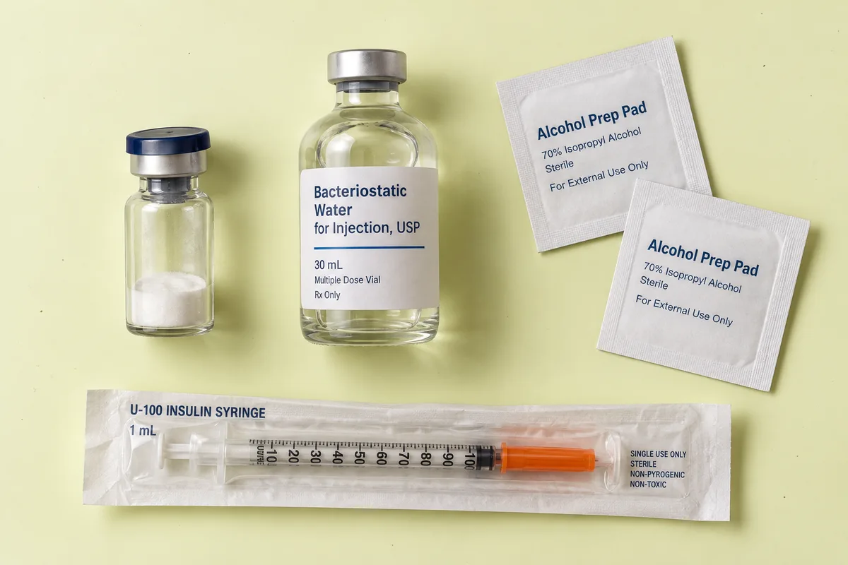 Peptide vial, bacteriostatic water, syringe and alcohol pads