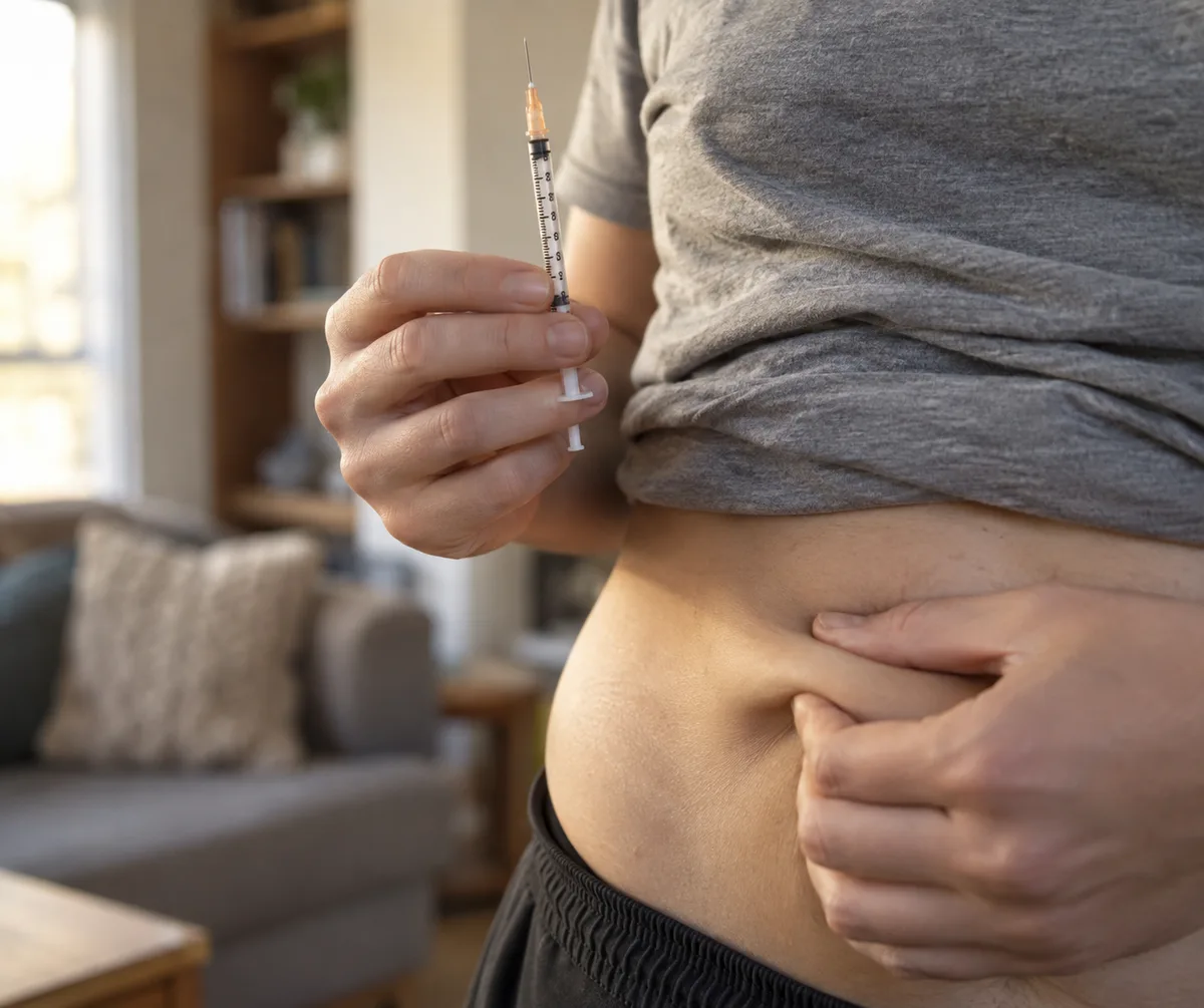 Subcutaneous injection into the abdomen with a short insulin needle