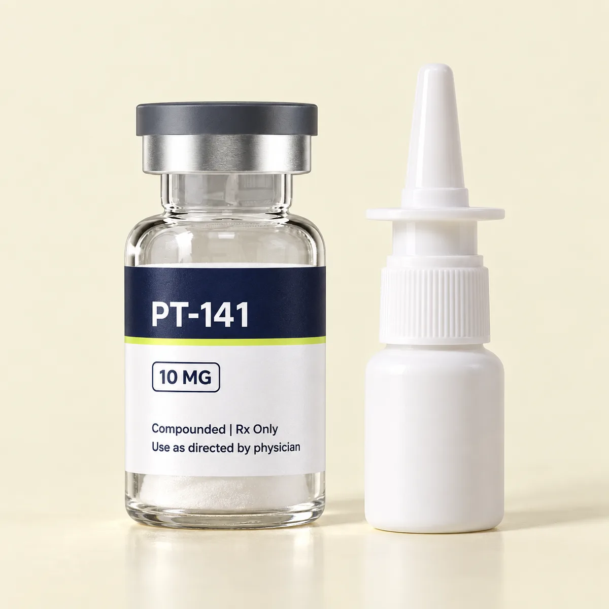 PT-141 vial next to a nasal spray bottle