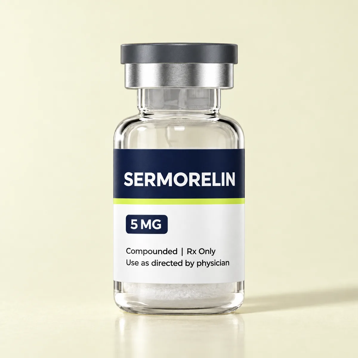 Sermorelin vial with freeze-dried peptide powder