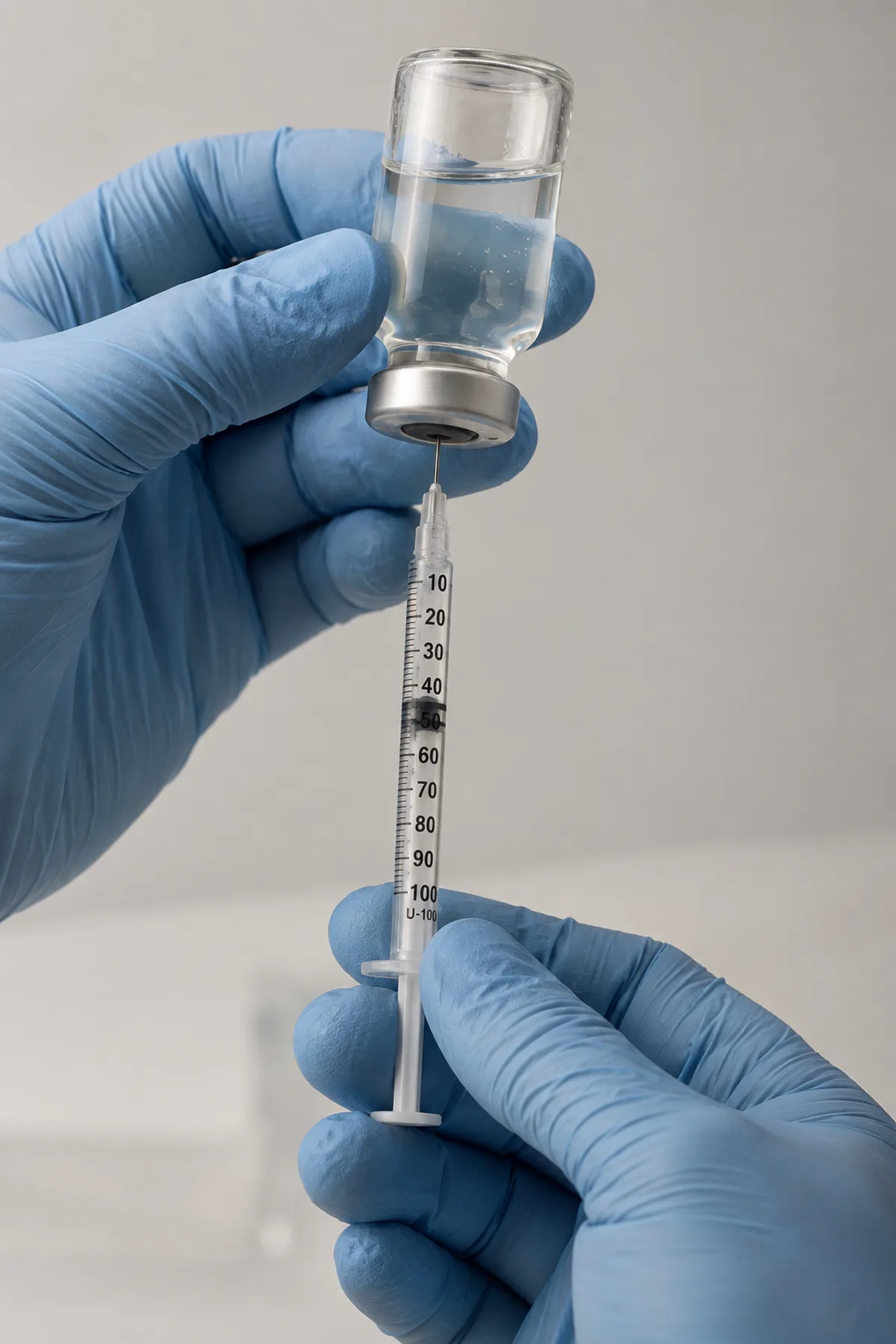 Gloved hands drawing a peptide dose into an insulin syringe